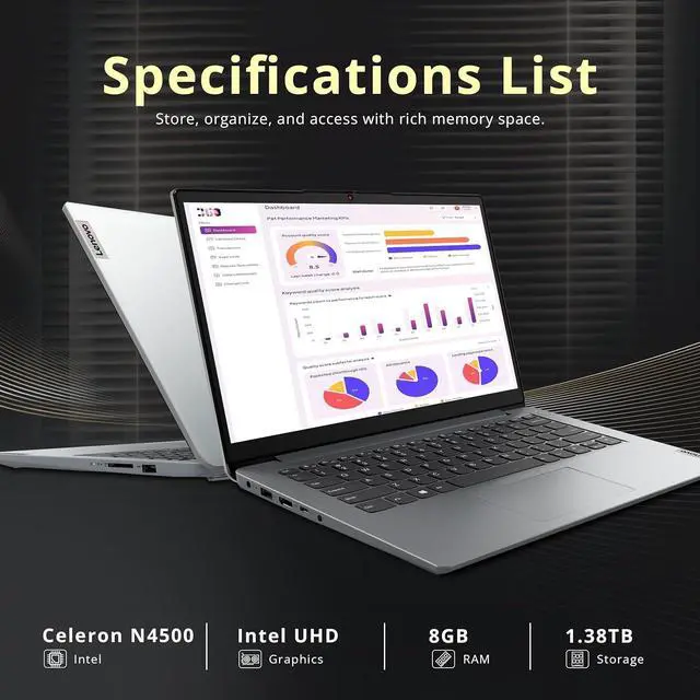 Alt view image 2 of 6 - Lenovo Ideapad 1i 14" HD Laptop, Intel Celeron N4500, 12GB RAM, 1.64TB Storage (128GB eMMC+512GB SSD+1TB Docking), Intel UHD Graphics, 1 Year Office 365, Webcam, Dolby Audio, Win 11 Pro, Gray