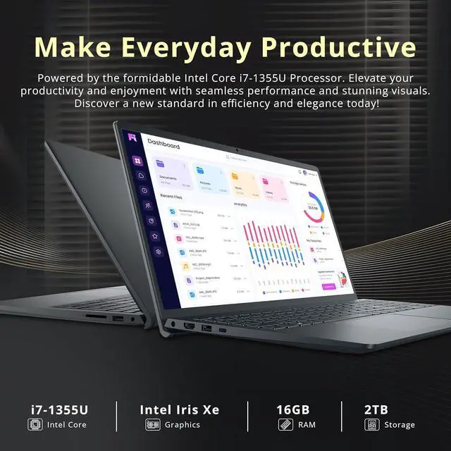 Alt view image 3 of 7 - Dell Inspiron 15.6" FHD Touchscreen Laptop, Intel Core i7-1355U, 16GB RAM, 2TB Storage (1TB SSD+1TB Docking Station Set), Iris Xe Graphics, Numeric Keypad, 720p Webcam, Wi-Fi 6, Windows 11, Black