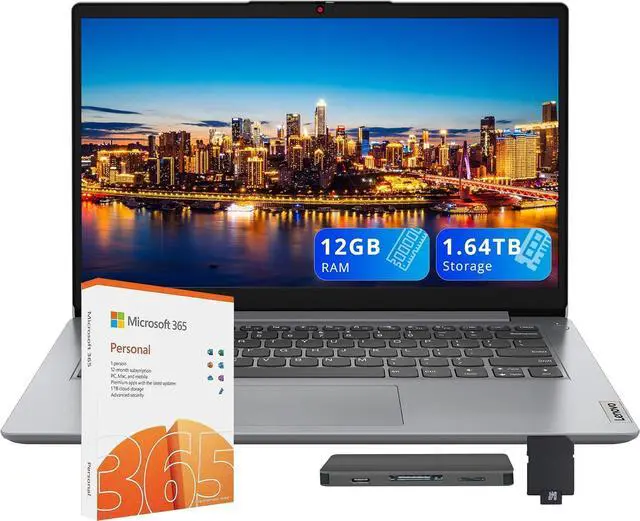 Main image of Lenovo Ideapad 1i 14" HD Laptop, Intel Celeron N4500, 12GB RAM, 1.64TB Storage (128GB eMMC+512GB SSD+1TB Docking), Intel UHD Graphics, 1 Year Office 365, Webcam, Dolby Audio, Win 11 Pro, Gray