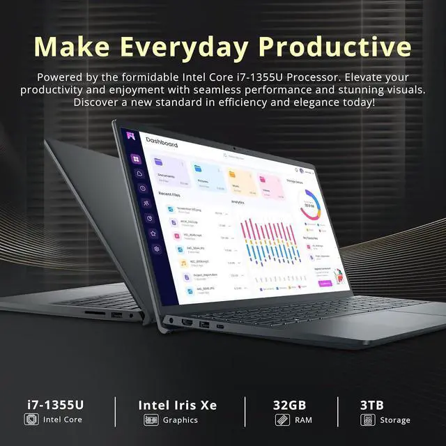 Alt view image 3 of 7 - Dell Inspiron 15.6" FHD Touchscreen Laptop, Intel Core i7-1355U, 32GB RAM, 3TB Storage (2TB SSD+1TB Docking Station Set), Iris Xe Graphics, Numeric Keypad, 720p Webcam, Wi-Fi 6, Windows 11, Black