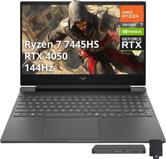 Main image of HP Victus 15.6" FHD 144Hz Gaming Laptop, AMD Ryzen 7 7445HS, NVIDIA GeForce RTX 4050, 64GB DDR5, 2TB PCIe SSD, Backlit Keyboard, Copilot, Wi-Fi 6, Windows 11 Pro, Mica Silver, 1TB Docking Station Set