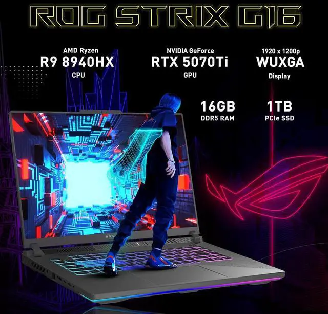 Alt view image 3 of 7 - ASUS ROG Strix G16 Gaming Laptop, GeForce RTX 5070 Ti 12GB GDDR7, AMD Ryzen 9 8940HX, 16GB DDR5, 1TB SSD, Backlit Keyboard, 16" WUXGA 165Hz Display, Win 11 Pro, Gray, 1TB Docking Station Set