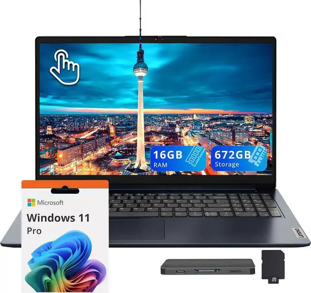 Main image of Lenovo IdeaPad 1i 15.6" FHD Touchscreen Laptop, Intel i5-1334U, 16GB RAM, 672GB Storage (512GB SSD+160GB Docking Station Set), Intel Iris Xe Graphics, Num Pad, Copilot, WiFi 6, Win 11 Pro, Abyss Blue