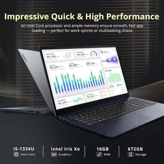 Alt view image 3 of 5 - Lenovo IdeaPad 1i 15.6" FHD Touchscreen Laptop, Intel i5-1334U, 16GB RAM, 672GB Storage (512GB SSD+160GB Docking Station Set), Intel Iris Xe Graphics, Num Pad, Copilot, WiFi 6, Win 11 Pro, Abyss Blue