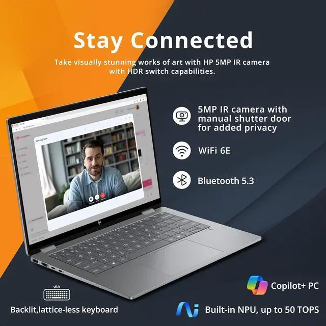 Alt view image 4 of 7 - HP OmniBook X Flip 2-in-1 Laptop, 14" 2K Touchscreen Display, AMD Ryzen AI 7 350, 24GB RAM, 2.5TB Storage(2TB SSD+512GB Docking), Backlit Keyboard, Copilot+ PC, 5MP IR Camera, Win 11 Pro, Silver