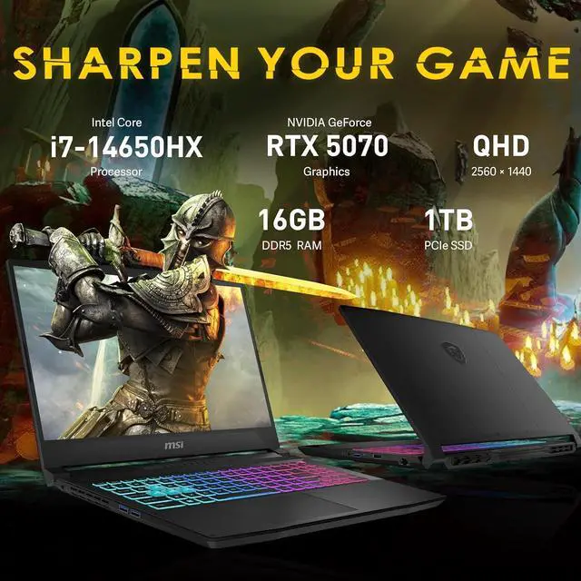 Alt view image 3 of 7 - msi Katana 15.6" QHD 165Hz Gaming Laptop, Intel i7-14650HX, GeForce RTX 5070 8GB GDDR7, 16GB DDR5, 1TB SSD, 4-Zone RGB Backlit Keyboard, Cooler Boost 5, Win 11, Black, 512GB Docking Station Set