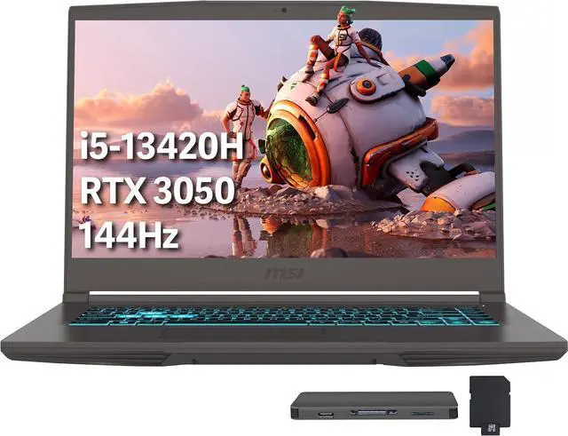 Main image of msi Thin 15.6" 144Hz FHD IPS Display Gaming Laptop, Intel Core i5-13420H, 16GB RAM, 1TB SSD, NVIDIA GeForce RTX 3050, Backlit Keyboard, Wi-Fi 6, Win 11 Home, Gray, 512GB Docking Station Set