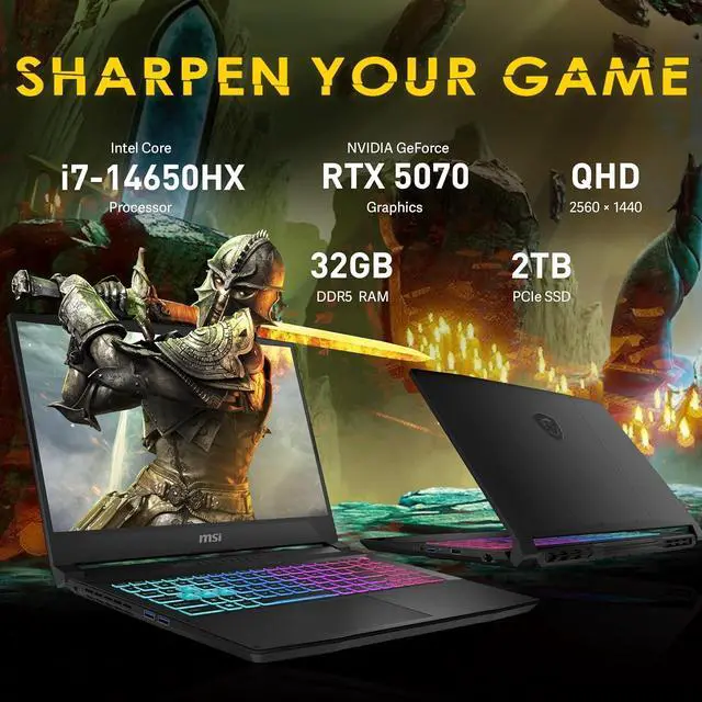 Alt view image 3 of 7 - MSI Katana 15.6" QHD IPS 165Hz Gaming Laptop, Intel i7-14650HX, GeForce RTX 5070 8GB GDDR7, 32GB DDR5, 2TB SSD, RGB Keyboard, Cooler Boost 5, WiFi 6E, Win 11 Pro, Black, 512GB Docking Station Set