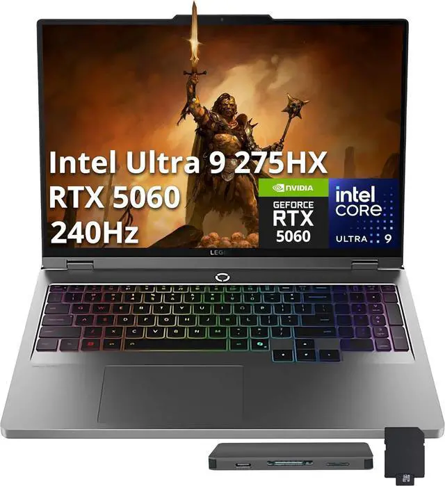 Main image of Lenovo Legion 5 16" WQXGA 240Hz Gaming Laptop, Intel Ultra 9 275HX 64GB RAM, 2TB SSD, NVIDIA GeForce RTX 5060, Backlit Keyboard, Win 11, Gray, 512GB Docking Station Set