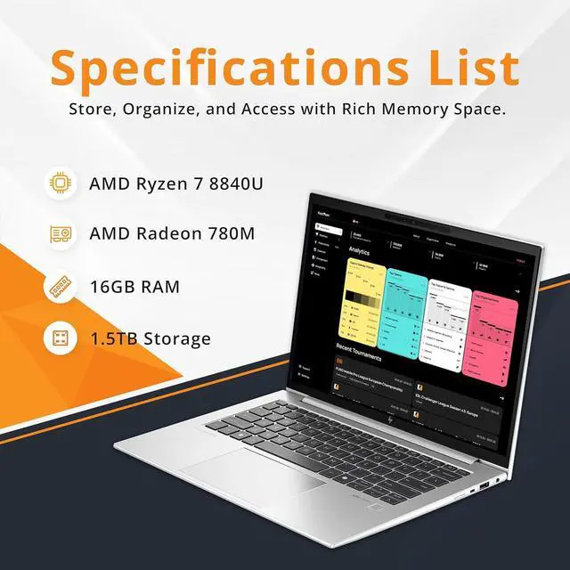 Alt view image 3 of 7 - HP EliteBook 845 G11 14" WUXGA IPS Touchscreen Laptop, AMD Ryzen 7 8840U, 16GB RAM, 1.5TB Storage (512GB SSD+1TB Docking Station Set), Backlit Keyboard, Fingerprint, Win 11 Pro, Silver