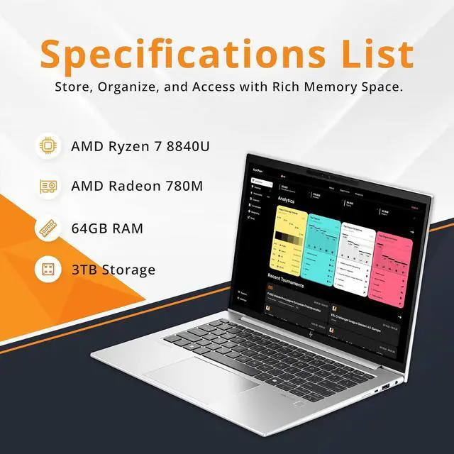 Alt view image 3 of 7 - HP EliteBook 845 G11 14" WUXGA IPS Touchscreen Laptop, AMD Ryzen 7 8840U, 64GB RAM, 3TB Storage (2TB SSD+1TB Docking Station Set), Backlit Keyboard, Fingerprint, Win 11 Pro, Silver