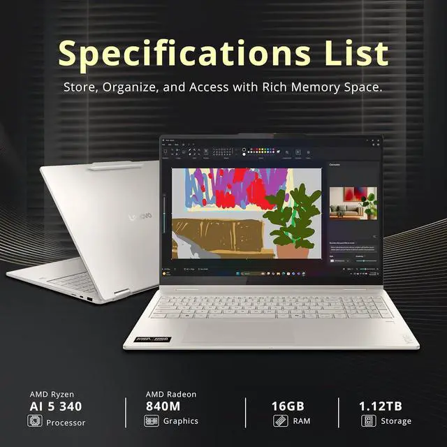 Alt view image 3 of 7 - Lenovo Yoga 7 16" WUXGA 2-in-1 x360 Touchscreen Laptop, AMD Ryzen AI 5 340 16GB RAM, 1.12TB Storage(1TB SSD+128GB Docking), AMD Radeon 840M, Backlit Keyboard, Fingerprint, Win 11 Pro, Seashell
