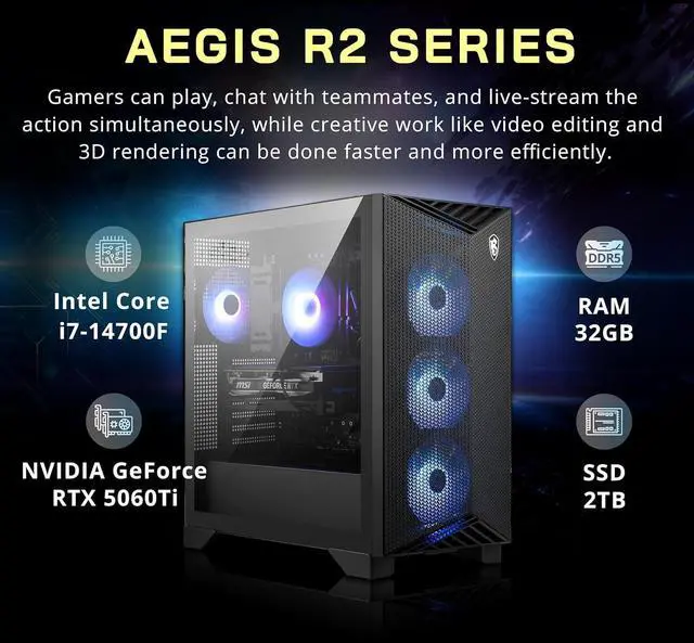 Alt view image 3 of 7 - MSI Aegis R2 Gaming Desktop, Intel i7-14700F 64GB DDR5 RAM, 4TB SSD, NVIDIA GeForce RTX 5060Ti 16GB GPU, RGB Cooling, Keyboard & Mouse, Win 11 Pro, 1TB Docking Station Set, Black