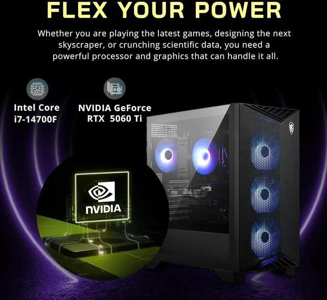 Alt view image 5 of 7 - MSI Aegis R2 Gaming Desktop, Intel i7-14700F 64GB DDR5 RAM, 4TB SSD, NVIDIA GeForce RTX 5060Ti 16GB GPU, RGB Cooling, Keyboard & Mouse, Win 11 Pro, 1TB Docking Station Set, Black