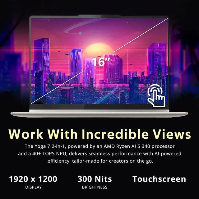 Alt view image 5 of 7 - Lenovo Yoga 7 16" WUXGA 2-in-1 x360 Touchscreen Laptop, AMD Ryzen AI 5 340 16GB RAM, 1.12TB Storage(1TB SSD+128GB Docking), AMD Radeon 840M, Backlit Keyboard, Fingerprint, Win 11 Pro, Seashell