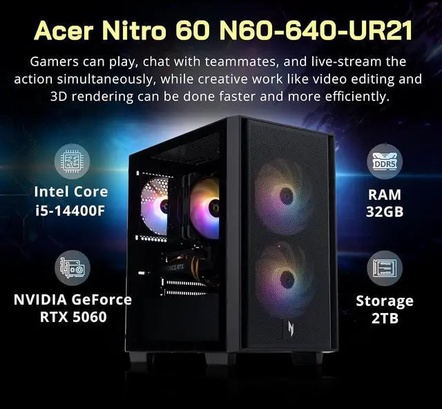 Alt view image 3 of 7 - Acer Nitro 60 Gaming Desktop, Intel i5-14400F 32GB DDR5 RAM, 2TB Storage (1TB SSD+1TB Docking Station Set), NVIDIA GeForce RTX 5060, 3 ARGB Cooling Fans, Wi-Fi 6, Win 11 Pro, Black