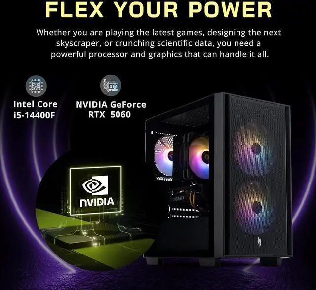 Alt view image 4 of 7 - Acer Nitro 60 Gaming Desktop, Intel i5-14400F 16GB DDR5 RAM, 2TB Storage (1TB SSD+1TB Docking Station Set), NVIDIA GeForce RTX 5060, 3 ARGB Cooling Fans, Wi-Fi 6, Win 11 Pro, Black