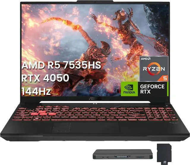 Main image of ASUS TUF A16 16" FHD+ 144Hz Gaming Laptop, AMD Ryzen 5 7535HS 16GB RAM, 512GB SSD, NVIDIA GeForce RTX 4050, Backlit Keyboard, Num Pad, Win 11 Pro, Black, 1TB Docking Station Set