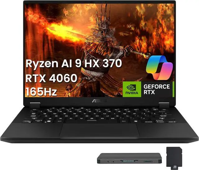 Main image of ASUS TUF A14 14'' WQXGA 165Hz Gaming Laptop, AMD Ryzen AI 9 HX 370 16GB RAM, 1TB SSD, NVIDIA GeForce RTX 4060, Backlit Keyboard, Copilot, Windows 11 Home, Black, 1TB Docking Station Set