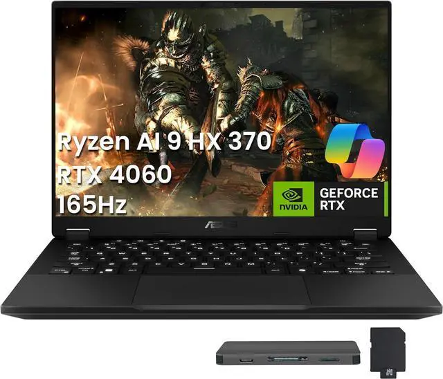 Main image of ASUS TUF A14 14'' WQXGA 165Hz Gaming Laptop, AMD Ryzen AI 9 HX 370 16GB RAM, 1TB SSD, NVIDIA GeForce RTX 4060, Backlit Keyboard, Copilot, Windows 11 Pro, Black, 1TB Docking Station Set