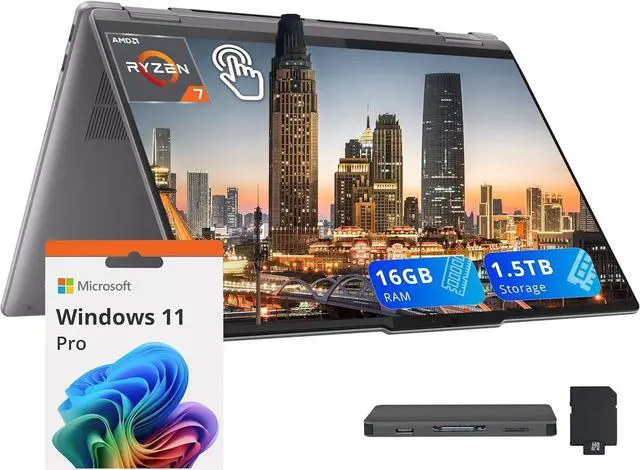 Main image of Lenovo Yoga 7 2-in-1 16" 2K WUXGA Touchscreen Laptop, AMD Ryzen 7 8840HS, 16GB RAM, 1.5TB Storage (512GB SSD+1TB Docking Station Set), Backlit Keyboard, Fingerprint, Windows 11 Pro, Gray