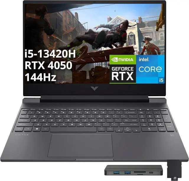 Main image of HP Victus 15.6" 144Hz FHD Gaming Laptop, Intel i5-13420H, 16GB RAM, 512GB PCIe SSD, NVIDIA GeForce RTX 4050, Backlit Keyboard, Windows 11 Home, Mica Silver, 1TB Docking Station Set