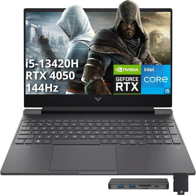 Main image of HP Victus 15.6" 144Hz FHD Gaming Laptop, Intel i5-13420H, 16GB RAM, 512GB PCIe SSD, NVIDIA GeForce RTX 4050, Backlit Keyboard, Windows 11 Pro, Mica Silver, 1TB Docking Station Set