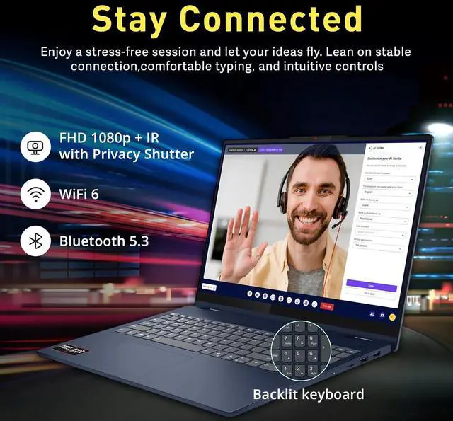 Alt view image 6 of 7 - Lenovo Ideapad 5 16" WUXGA Touchscreen 2-in-1 Laptop, AMD Ryzen AI 5 340, 16GB RAM, 1.5TB Storage(512GB SSD+1TB Docking Station Set), AMD Radeon 840M, Backlit Keyboard, Win 11, Blue