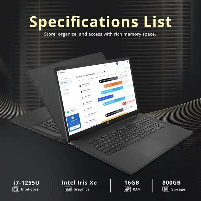Alt view image 3 of 7 - HP 17.3" HD+ Business Laptop, Intel i7-1255U, 16GB RAM, 800GB Storage (512GB SSD+288GB Docking Station Set), Intel Iris Xe Graphics, Numeric Keypad, Windows 11 Pro, Black