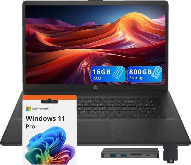Main image of HP 17.3" HD+ Business Laptop, Intel i7-1255U, 16GB RAM, 800GB Storage (512GB SSD+288GB Docking Station Set), Intel Iris Xe Graphics, Numeric Keypad, Windows 11 Pro, Black