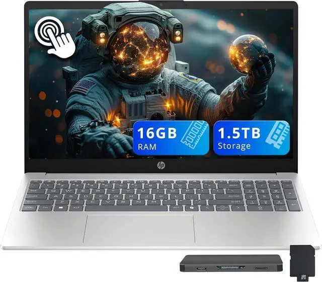 Main image of HP 15.6" FHD Touchscreen Laptop, Intel Core i5 1334U, 16GB RAM, 1.5TB Storage (512GB SSD+1TB Docking Station Set), Intel Graphics, Numeric Pad, Copilot, Windows 11 Home, Natural Silver