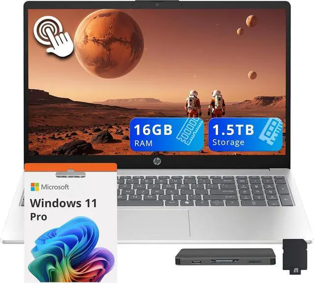 Main image of HP 15.6" FHD Touchscreen Laptop, Intel Core i5 1334U, 16GB RAM, 1.5TB Storage (512GB SSD+1TB Docking Station Set), Intel Graphics, Numeric Pad, Copilot, Windows 11 Pro, Natural Silver