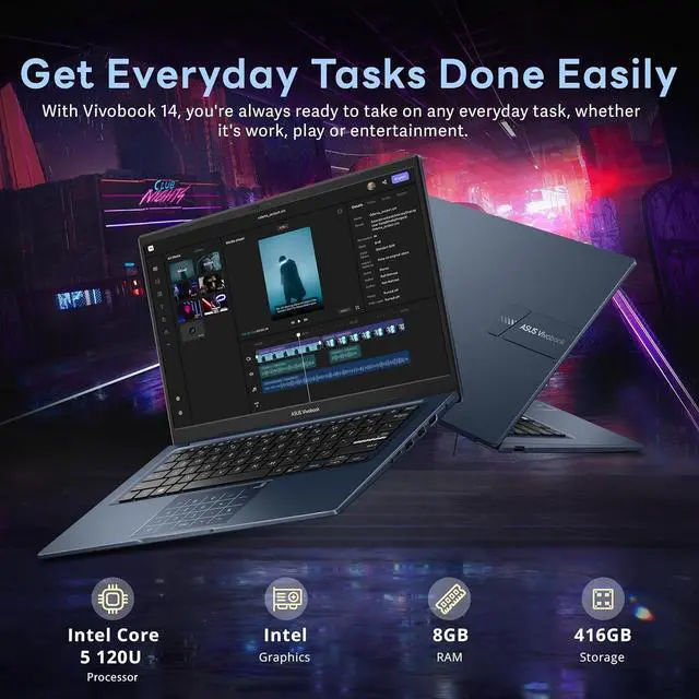 Alt view image 3 of 7 - ASUS Vivobook 14 14'' FHD IPS Business Laptop, Intel Core 5-120U, 8GB RAM, 416GB Storage (256GB SSD+160GB Docking Station Set), Intel Graphics, Numeric Keypad Windows 11 Pro, Quiet Blue