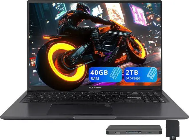 Main image of ASUS Vivobook 16" WUXGA Laptop, Intel Core i7-1355U, 40GB RAM, 2TB Storage(1TB SSD+1TB Docking Station Set), Intel Iris Xe Graphics, Backlit Keyboard, Number Pad, Fingerprint, Win 11, Black