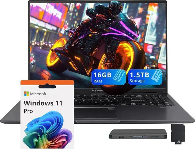 Main image of ASUS Vivobook 16" WUXGA Laptop, Intel Core i7-1355U, 16GB RAM, 1.5TB Storage(512GB SSD+1TB Docking Station Set), Intel Iris Xe Graphics, Backlit Keyboard, Number Pad, Fingerprint, Win 11 Pro, Black