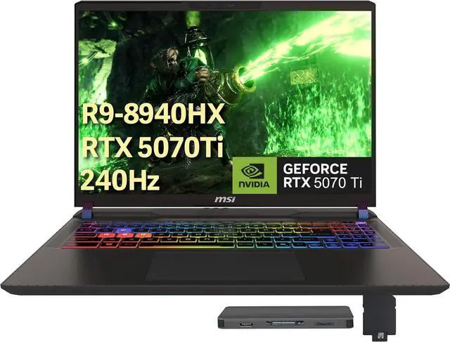 Main image of MSI Vector 16" 240Hz QHD+ Gaming Laptop, AMD Ryzen 9 8940HX, 64GB DDR5, 2TB PCIe SSD, NVIDIA GeForce RTX 5070 Ti, 24-Zone RGB Backlit Keyboard, Copilot, Win 11, Gray, 1TB Docking Station Set