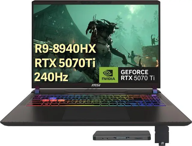 Main image of MSI Vector 16" 240Hz QHD+ Gaming Laptop, AMD Ryzen 9 8940HX, 16GB DDR5, 1TB PCIe SSD, NVIDIA GeForce RTX 5070 Ti, 24-Zone RGB Backlit Keyboard, Copilot, Win 11 Pro, Gray, 1TB Docking Station Set