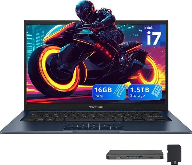 Main image of ASUS Vivobook 14 14" FHD Business Laptop, Intel i7-1355U, 16GB RAM, 1.5TB Storage (512GB SSD+1TB Docking Station Set), Intel UHD Graphics, HD Webcam, Windows 11 Home, Quiet Blue