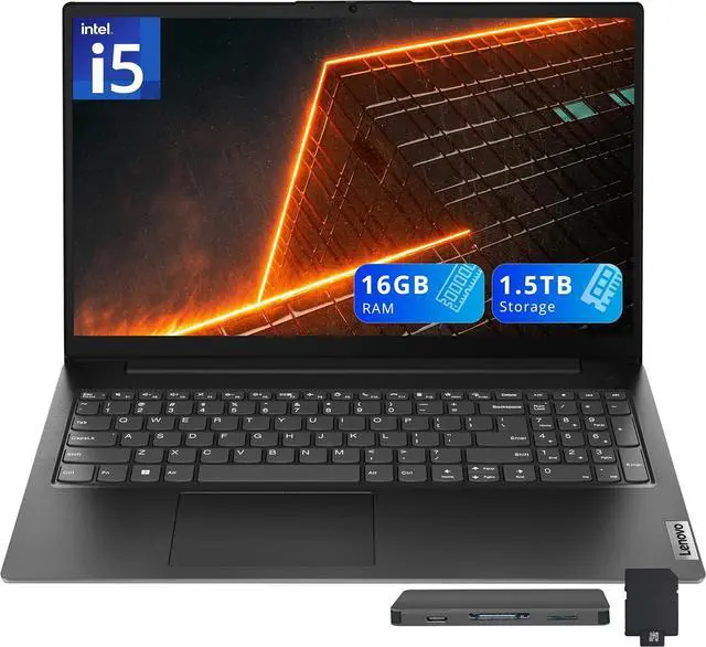 Main image of Lenovo V15 G4 IRU 15.6" FHD Laptop, Intel i5-13420H, 16GB DDR4 RAM, 1.5TB Storage (512GB SSD+1TB Docking Station Set), Intel UHD Graphics, Full-Size Keyboard, Windows 11 Home, Black