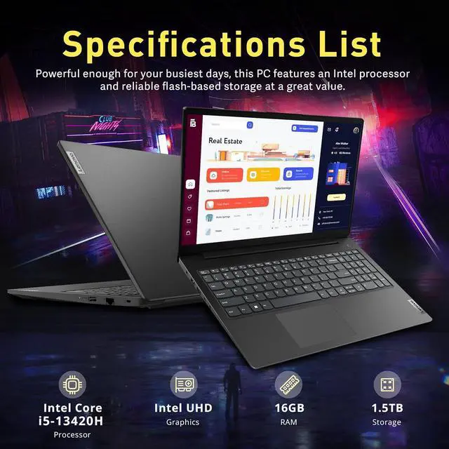 Alt view image 3 of 7 - Lenovo V15 G4 IRU 15.6" FHD Laptop, Intel i5-13420H, 16GB DDR4 RAM, 1.5TB Storage (512GB SSD+1TB Docking Station Set), Intel UHD Graphics, Full-Size Keyboard, Windows 11 Home, Black