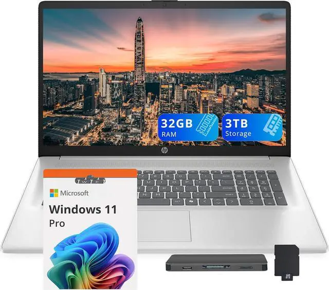 Main image of HP 17.3" FHD Business Laptop, Intel Core i7-1355U, 32GB RAM, 3TB Storage(2TB SSD+1TB Docking Station), Intel Iris Xe Graphics, Full-Size Keyboard, Numeric Pad, Copilot, Win 11 Pro, Silver