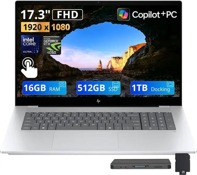 Main image of HP OmniBook X 17.3" FHD Touchscreen AI Laptop, Intel Ultra 7 256V, 16GB DDR5, 1.5TB Storage (512GB SSD+1TB Docking Station), GeForce RTX 4050, Backlit Keyboard, Numeric Keypad, Win 11, Silver