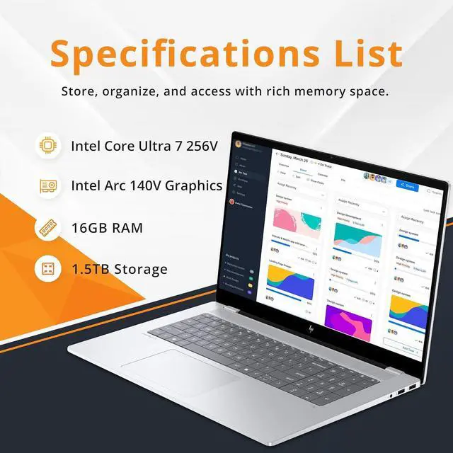Alt view image 3 of 7 - HP OmniBook X 17.3" FHD Touchscreen Laptop, Intel Core Ultra 7 256V, 16GB LPDDR5X, 1.5TB Storage (512GB SSD+1TB Docking Station), Intel Arc 140V, Backlit Keyboard, Copilot+ PC, Win 11, Silver