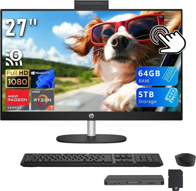 Main image of HP All-in-One Desktop, 27" FHD IPS Touchscreen Display, AMD Ryzen 7 7730U, 64GB RAM, 5TB Storage (4TB SSD+1 TB Docking Station), AMD Radeon Graphics, Wireless Keyboard & Mouse, Win 11, Black