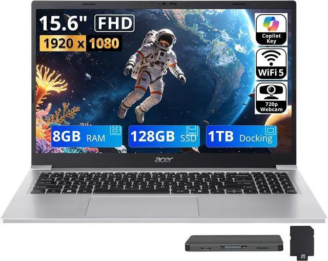 Main image of Acer Aspire Lite 15 15.6" FHD IPS Laptop, Intel Core 3 N350, Intel Graphics, 8GB RAM, 1.12TB Storage(128GB SSD+1TB Docking Station Set), Copilot, Numeric Keypad, 720p Webcam, Win 11, Light Silver