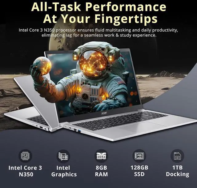 Alt view image 3 of 7 - Acer Aspire Lite 15 15.6" FHD IPS Laptop, Intel Core 3 N350, Intel Graphics, 8GB RAM, 1.12TB Storage(128GB SSD+1TB Docking Station Set), Copilot, Numeric Keypad, 720p Webcam, Win 11, Light Silver