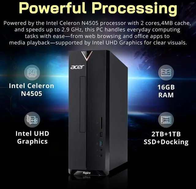 Alt view image 3 of 7 - Acer Aspire XC-840-UB11 Desktop, Intel Celeron N4505, 16GB RAM, 3TB Storage(2TB SSD+1TB Docking Station Set), Intel UHD Graphics, Wi-Fi 6, USB Keyboard USB Mouse,Windows 11 Home, Black