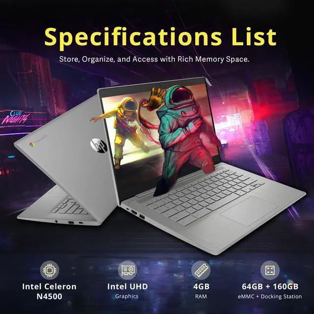 Alt view image 3 of 7 - HP 14" HD Chromebook Laptop for Work & Study, Intel Celeron N4500, 4GB LPDDR4, 224GB Total Storage (64GB eMMC+160GB Docking Station), UHD Graphics, Long Battery Life, Webcam, Chrome OS, Modern Gray