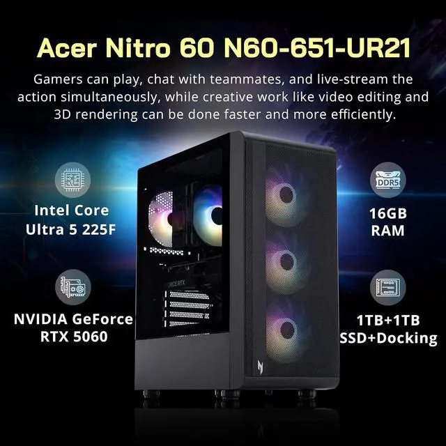 Alt view image 3 of 7 - Acer Nitro 60 Gaming Desktop, Intel Core Ultra 5 225F, NVIDIA GeForce RTX 5060 8GB GDDR7, 16GB DDR5, 2TB Storage (1TB SSD+1TB Docking Station Set), ARGB Cooling Fans, Wi-Fi 6E, Win 11 Pro, Black