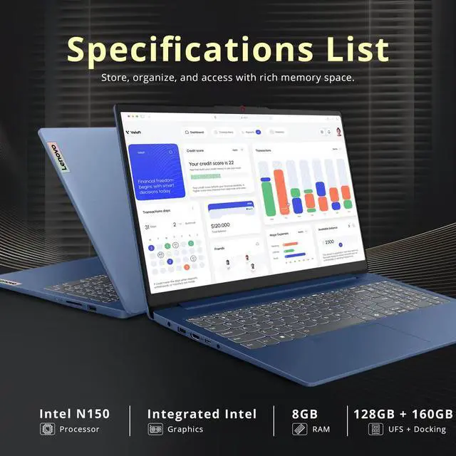 Alt view image 3 of 7 - Lenovo IdeaPad Slim 3 15.6" Anti-Glare FHD Laptop, Intel N150, Intel Graphics, 8GB RAM, 288GB Storage(128GB UFS+160GB Docking Station Set), Microsoft 365, Num Pad, Long Battery Life, Win11 Pro, Blue